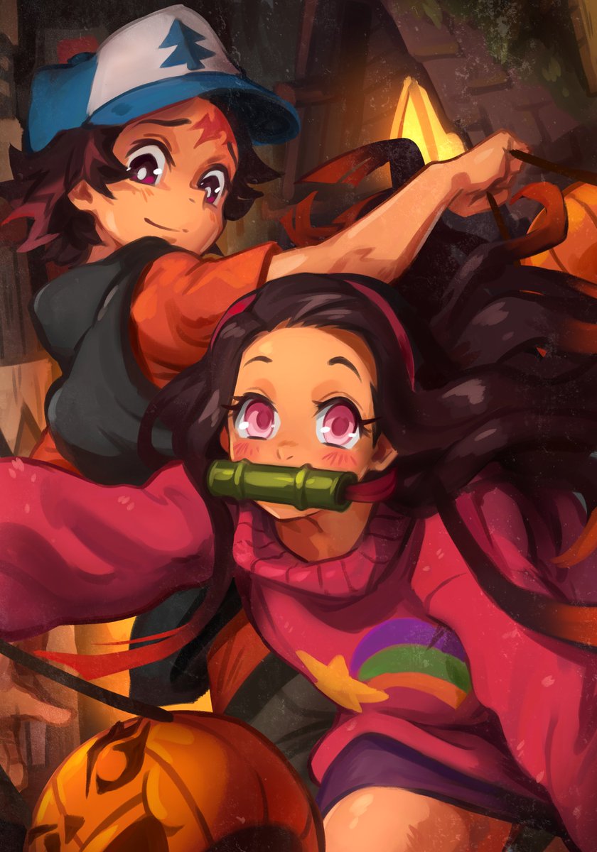 kamado nezuko, kamado tanjirou, mabel pines, and dipper pines (kimetsu no yaiba and 1 more) drawn by khyle.