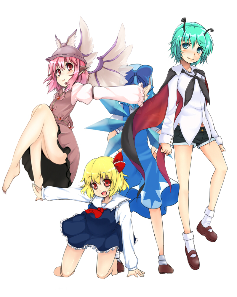 cirno, rumia, mystia lorelei, and wriggle nightbug (touhou) drawn by ginji74