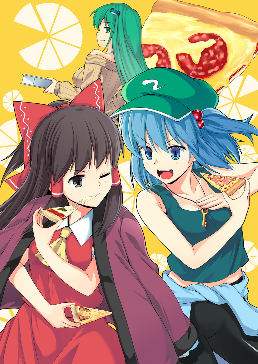 hakurei reimu, kochiya sanae, and kawashiro nitori (touhou) drawn by saemon_(tonpura)