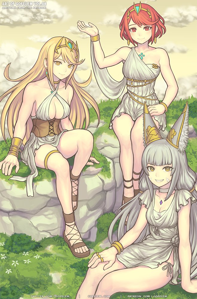 pyra, mythra, and nia (xenoblade chronicles and 1 more) drawn by gofelem