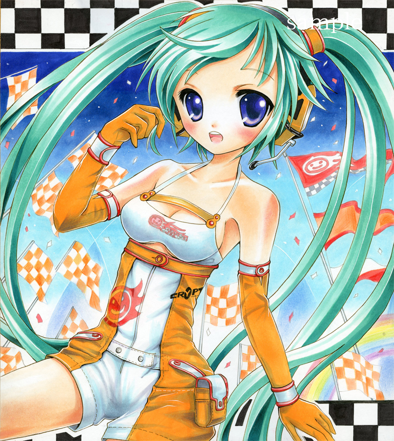 hatsune miku and racing miku (vocaloid and 2 more) drawn by makiri