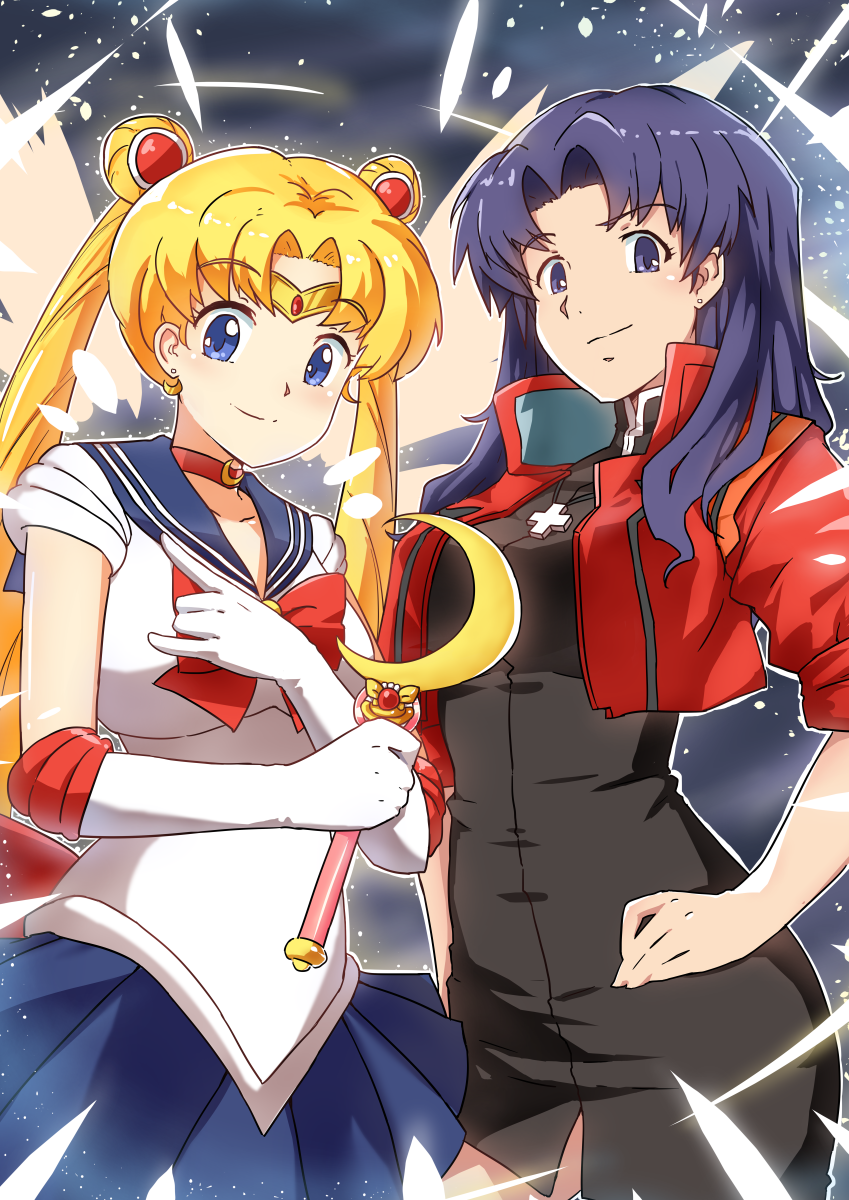 tsukino usagi, sailor moon, katsuragi misato, and mitsuishi kotono (neon genesis evangelion and 1 more) drawn by mushiboy