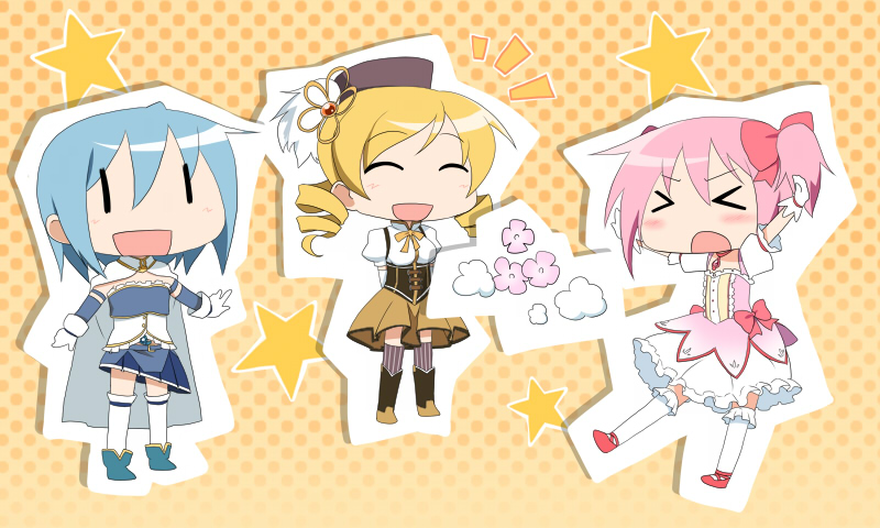 kaname madoka, miki sayaka, and tomoe mami (mahou shoujo madoka magica) drawn by aiai_(jsm)