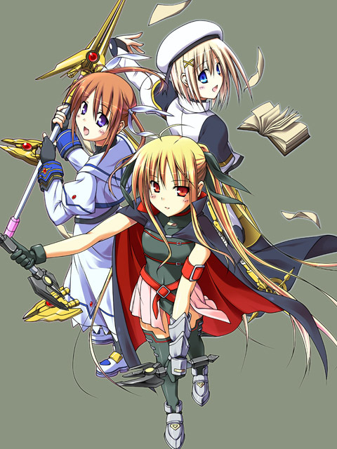 fate testarossa, takamachi nanoha, yagami hayate, raising heart, bardiche, and 2 more (lyrical nanoha and 3 more) drawn by t-ray