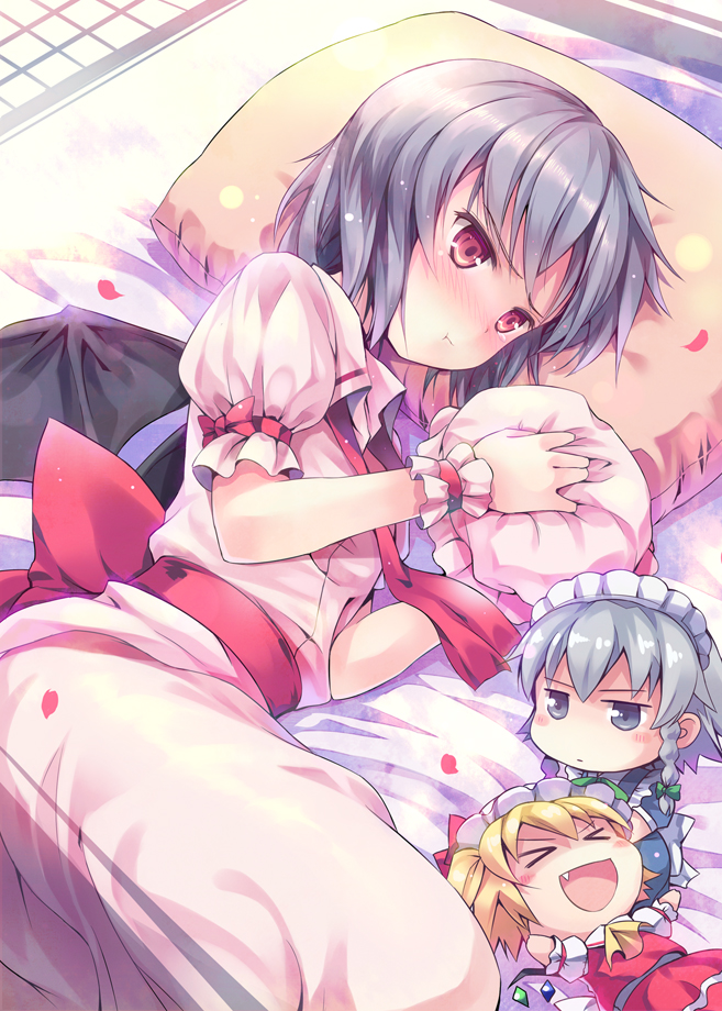 remilia scarlet, flandre scarlet, and izayoi sakuya (touhou) drawn by hinooka_shuuji