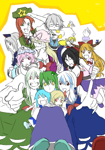 hakurei reimu, kochiya sanae, cirno, yakumo yukari, hong meiling, and 8 more (touhou) drawn by azu_vio