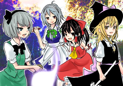 hakurei reimu, kirisame marisa, izayoi sakuya, and konpaku youmu (touhou) drawn by apfel