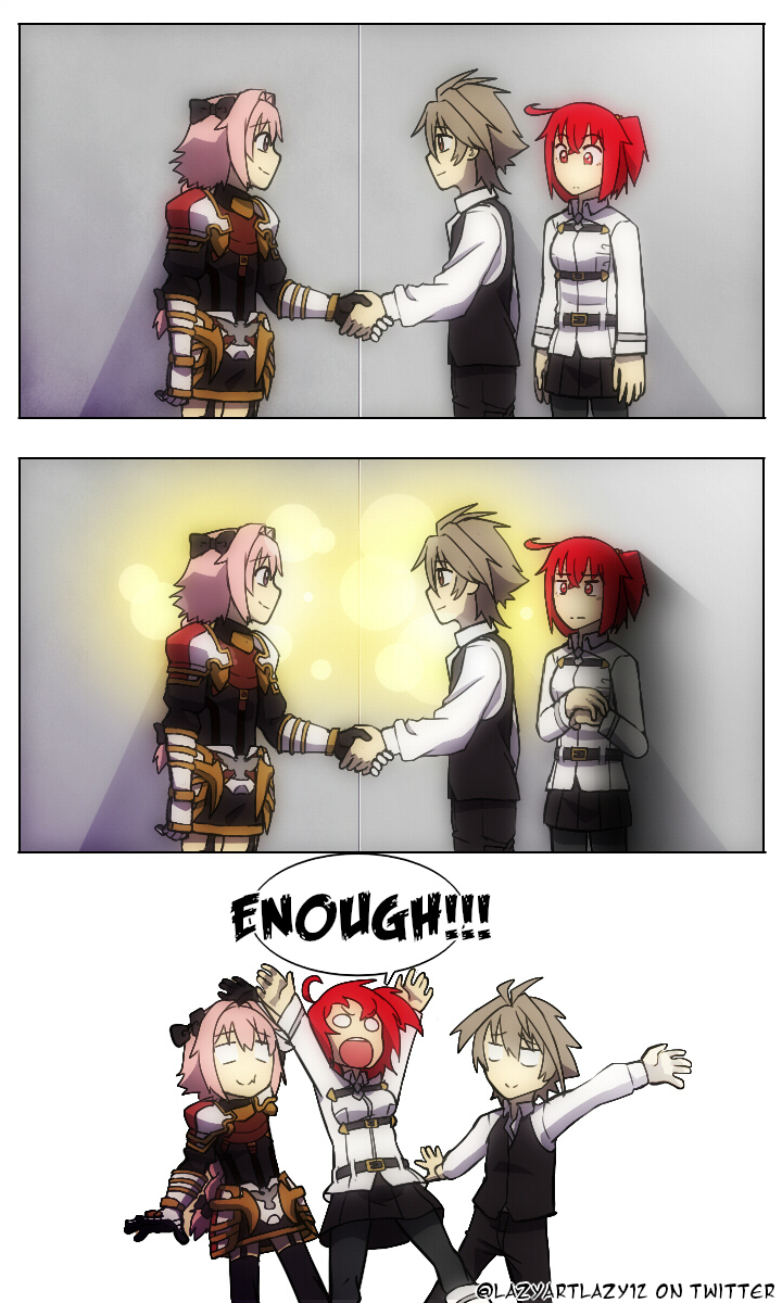 fujimaru ritsuka, astolfo, and sieg (fate and 2 more) drawn by lazyartlazy12