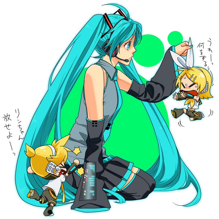 hatsune miku, kagamine rin, and kagamine len (vocaloid) drawn by mori_(unknown.)
