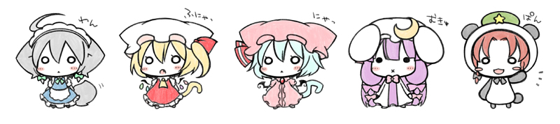 remilia scarlet, flandre scarlet, izayoi sakuya, patchouli knowledge, hong meiling, and 1 more (touhou) drawn by nejikirio