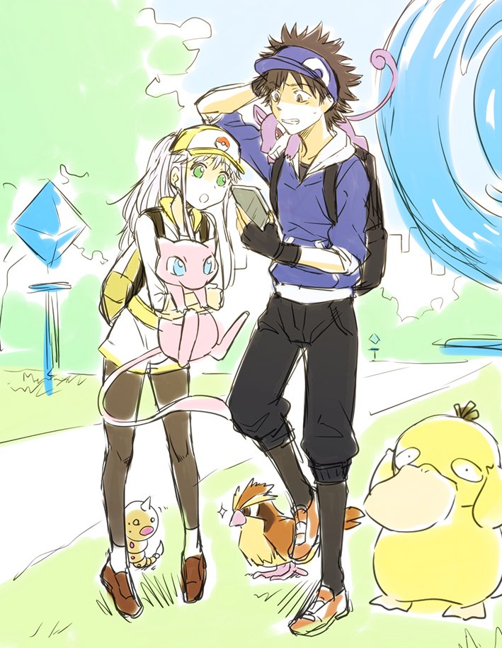 kamijou touma, index, mew, psyduck, female protagonist, and 4 more (pokemon and 2 more) drawn by saiba_(henrietta)
