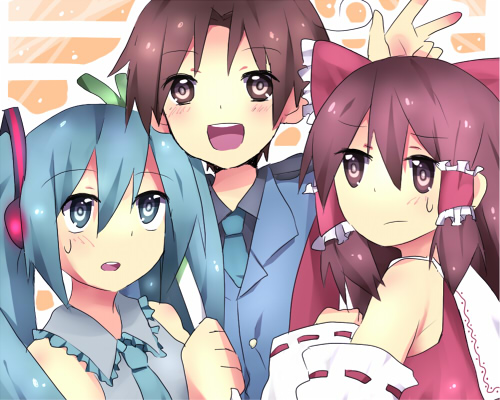 hatsune miku, hakurei reimu, and northern italy (touhou and 2 more) drawn by uiko