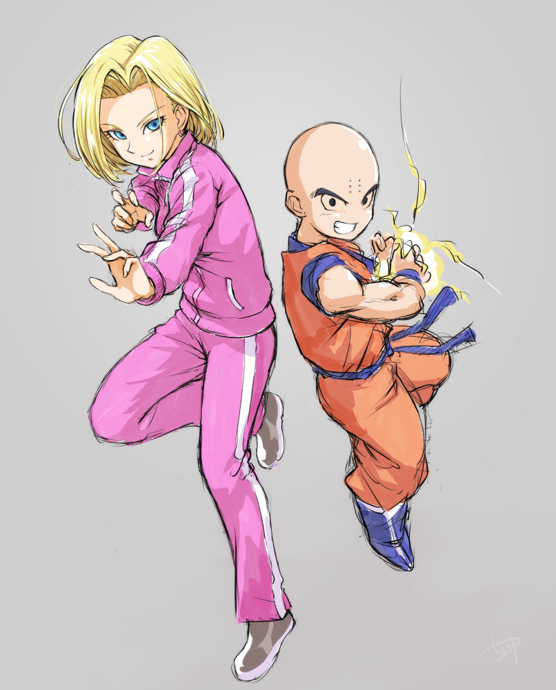 android 18 and kuririn (dragon ball and 1 more) drawn by chocokin
