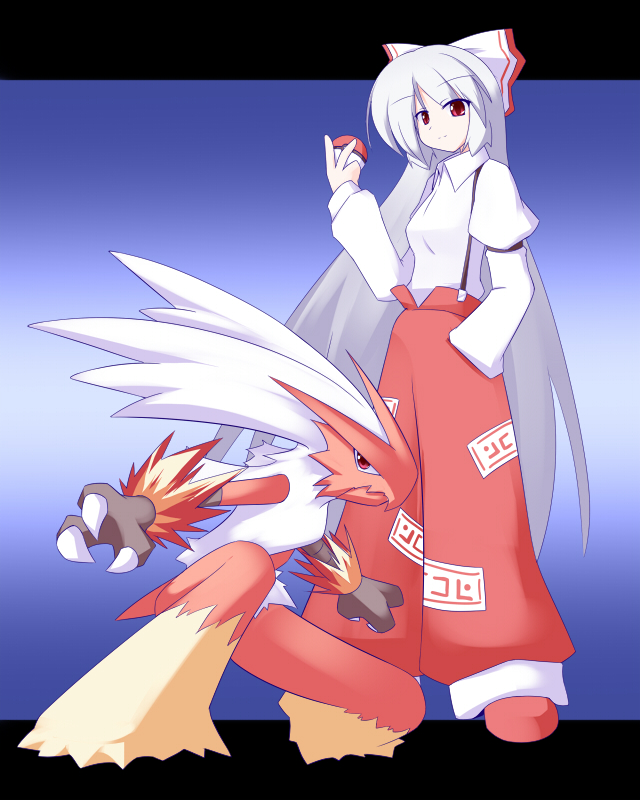 fujiwara no mokou and blaziken (touhou and 1 more) drawn by miyo_(miyomiyo01)