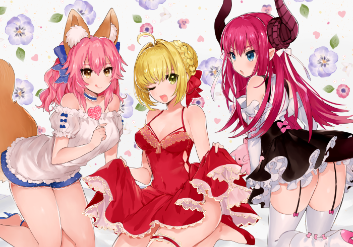 tamamo, nero claudius, tamamo no mae, and elizabeth bathory (fate and 2 more) drawn by miyako_(xxxbibit)
