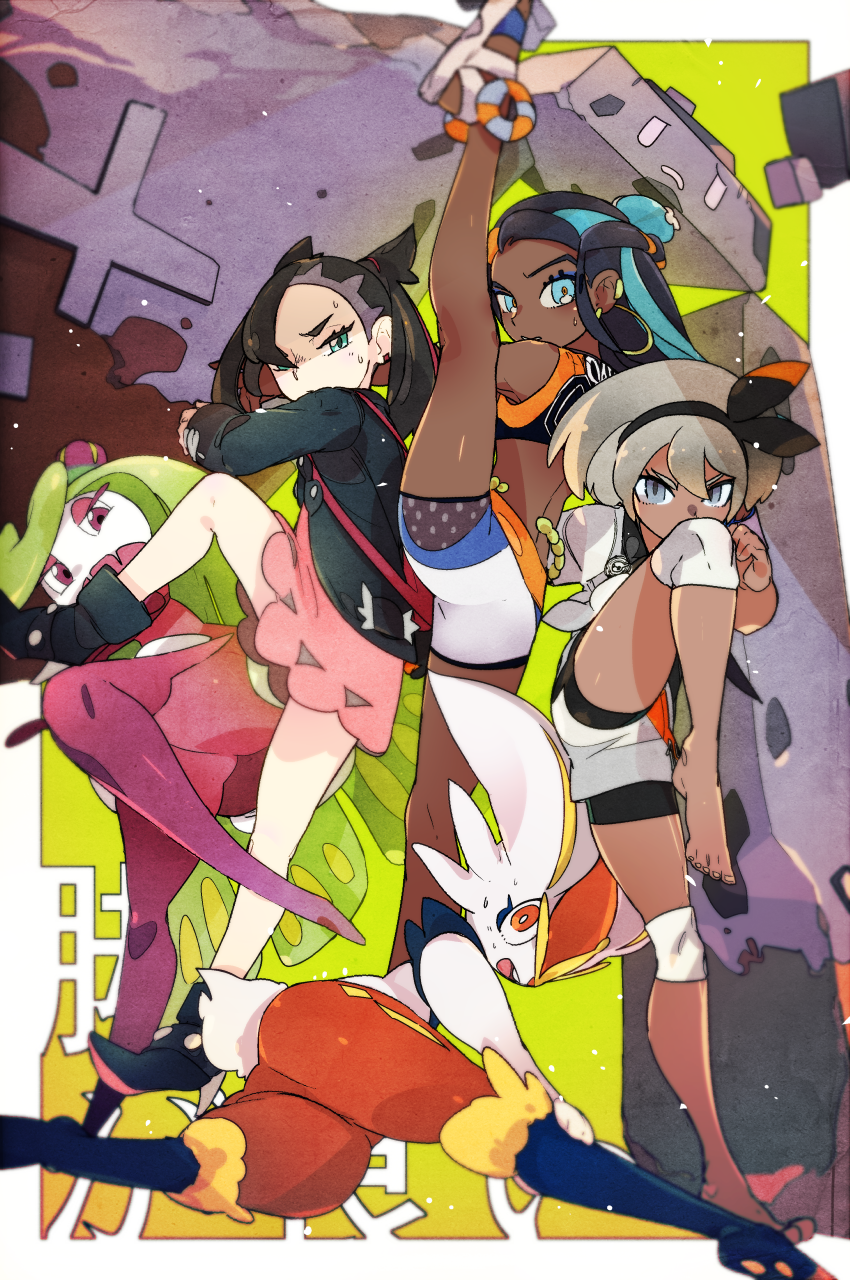 marnie, nessa, bea, cinderace, tsareena, and 1 more (pokemon and 1 more) drawn by idkuroi