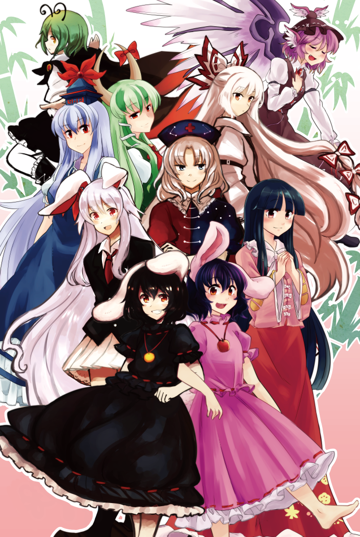 reisen udongein inaba, fujiwara no mokou, kamishirasawa keine, houraisan kaguya, mystia lorelei, and 4 more (touhou and 1 more) drawn by mana_(tsurubeji) and tsukiori