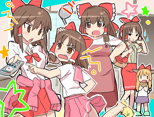 hakurei reimu, ibuki suika, benikurage, kanna, reu, and 2 more (touhou and 1 more) drawn by umo_(cookie)