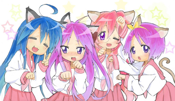 hiiragi kagami, izumi konata, hiiragi tsukasa, and takara miyuki (lucky star) drawn by tamura_satomi
