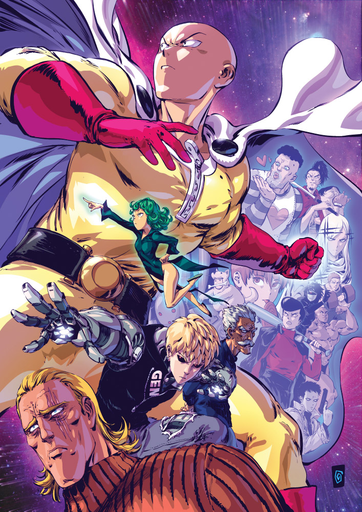 tatsumaki, saitama, genos, king, kinzoku bat, and 12 more (one-punch man) drawn by manos_lagouvardos