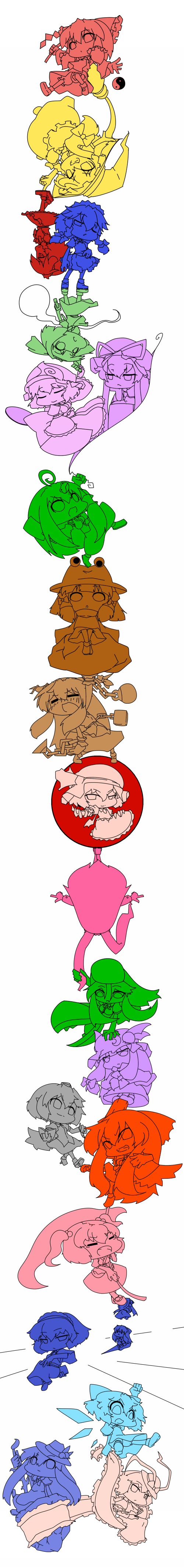 hakurei reimu, kirisame marisa, remilia scarlet, izayoi sakuya, kochiya sanae, and 17 more (touhou and 1 more) drawn by yuuki_(yukigeshou_hyouka)