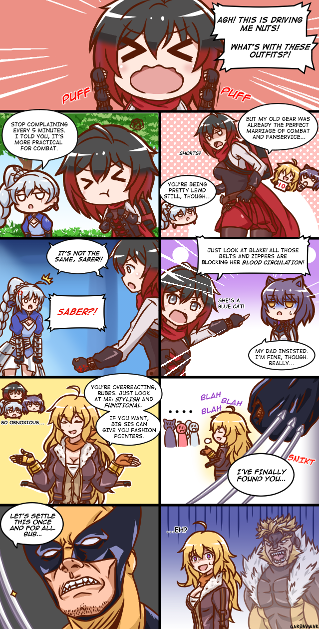 ruby rose, weiss schnee, yang xiao long, blake belladonna, wolverine, and 1 more (marvel and 2 more) drawn by gardavwar