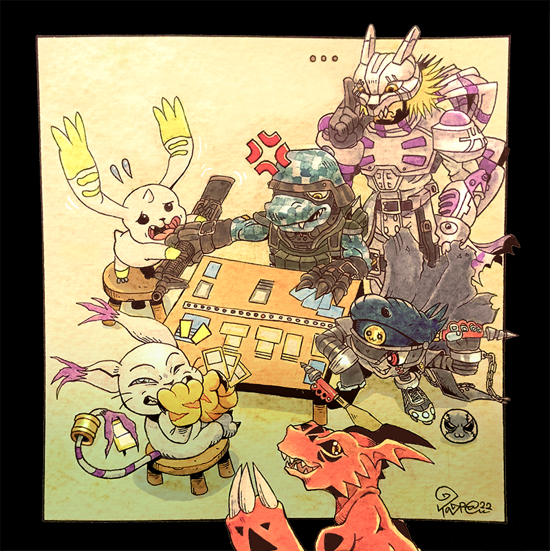 tailmon, terriermon, guilmon, wolfmon, commandramon, and 1 more (digimon) drawn by taragraphika