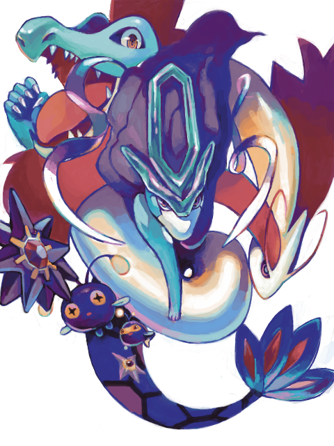 milotic, suicune, staryu, feraligatr, starmie, and 2 more (pokemon) drawn by moiko