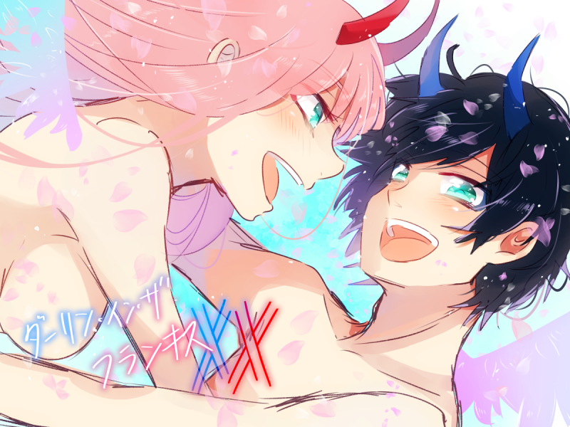 zero two and hiro (darling in the franxx) drawn by temaroppu_(ppp_10cc)