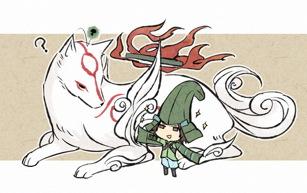 amaterasu, mouri motonari, and issun (sengoku basara and 1 more) drawn by toruglose