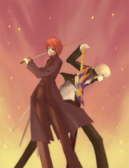 gilgamesh, emiya shirou, and kotomine shirou (fate and 1 more) drawn by kamino_(bbpn)