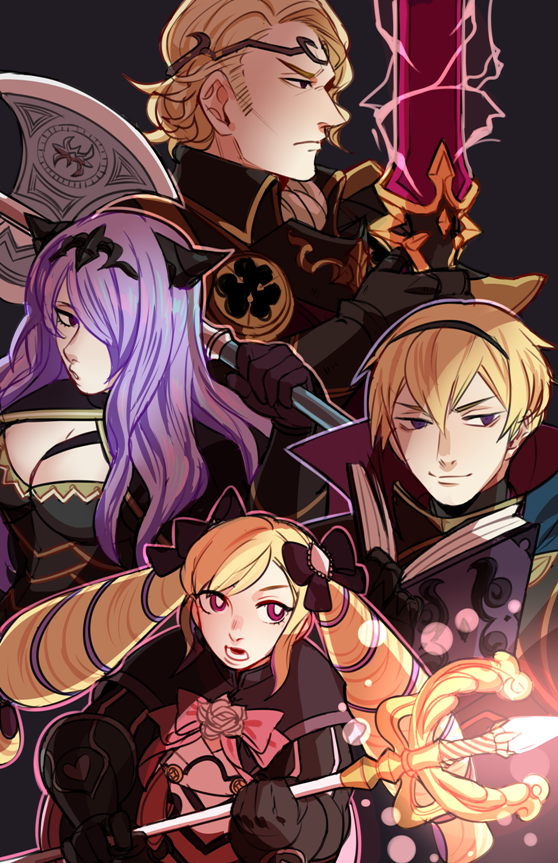 camilla, elise, leo, and xander (fire emblem and 1 more) drawn by anhedoniia