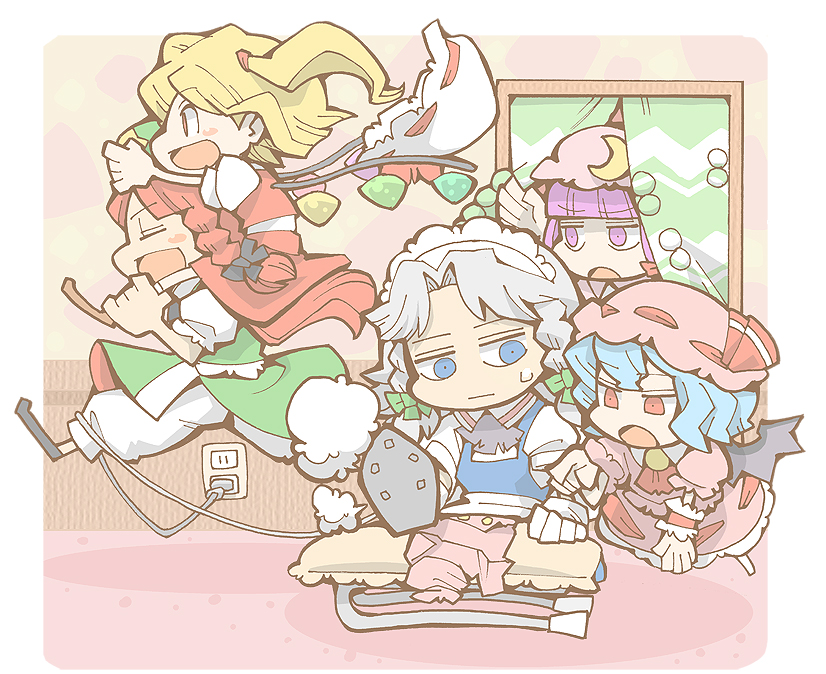 remilia scarlet, flandre scarlet, izayoi sakuya, patchouli knowledge, and hong meiling (touhou) drawn by hounori