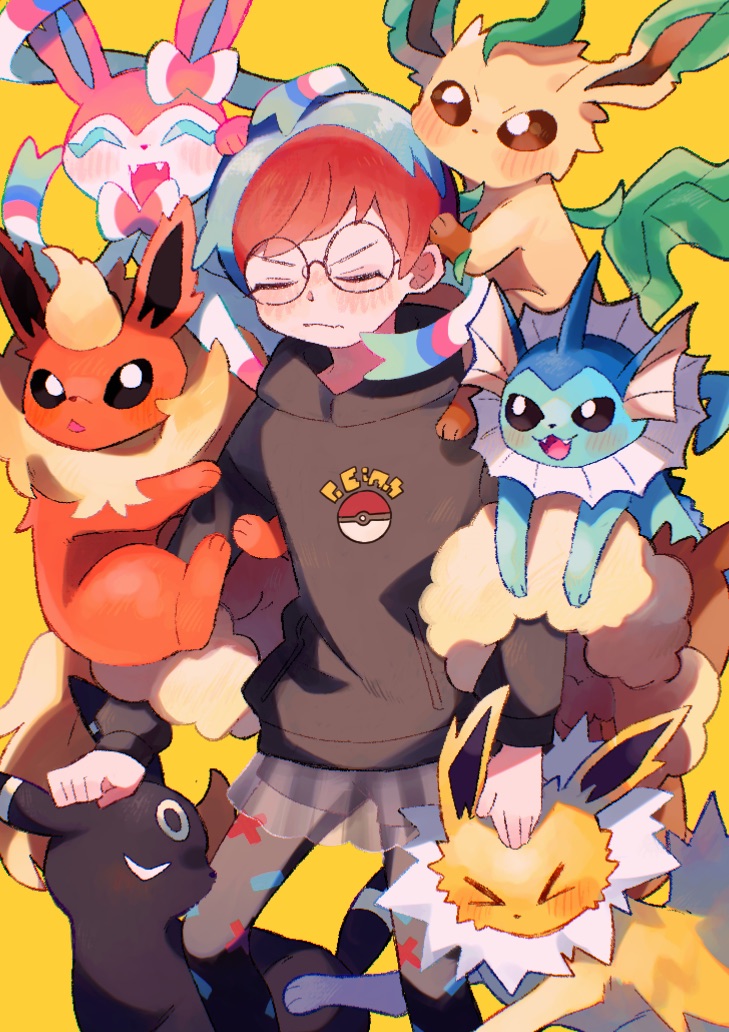 sylveon, umbreon, vaporeon, leafeon, flareon, and 2 more (pokemon and 1 more) drawn by dokosa_hekisa