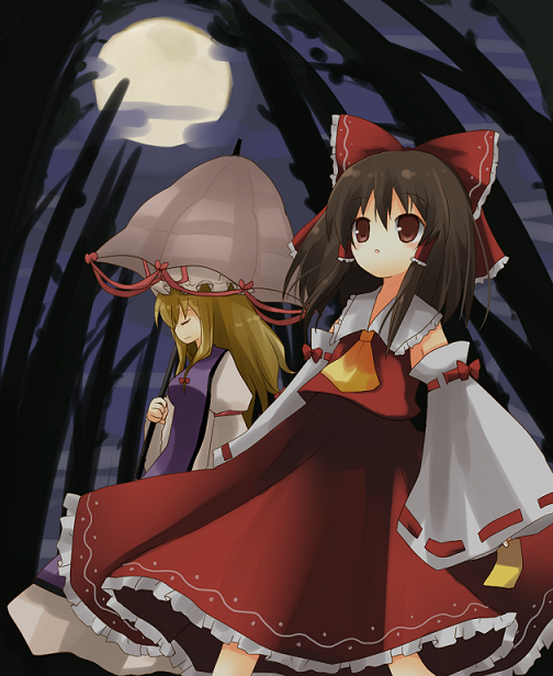 hakurei reimu and yakumo yukari (touhou) drawn by yuzuki_(yuduame)