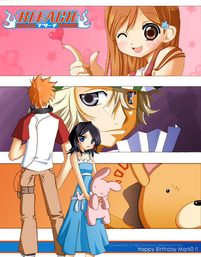 kuchiki rukia, inoue orihime, kurosaki ichigo, kon, and urahara kisuke (bleach) drawn by arechan