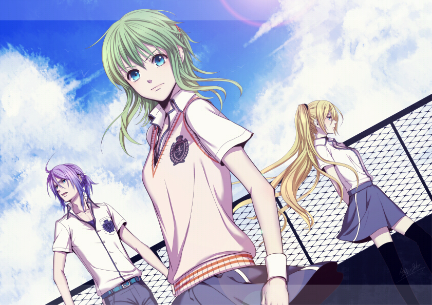 gumi, kamui gakupo, and lily (vocaloid and 1 more) drawn by suzunosuke_(sagula)