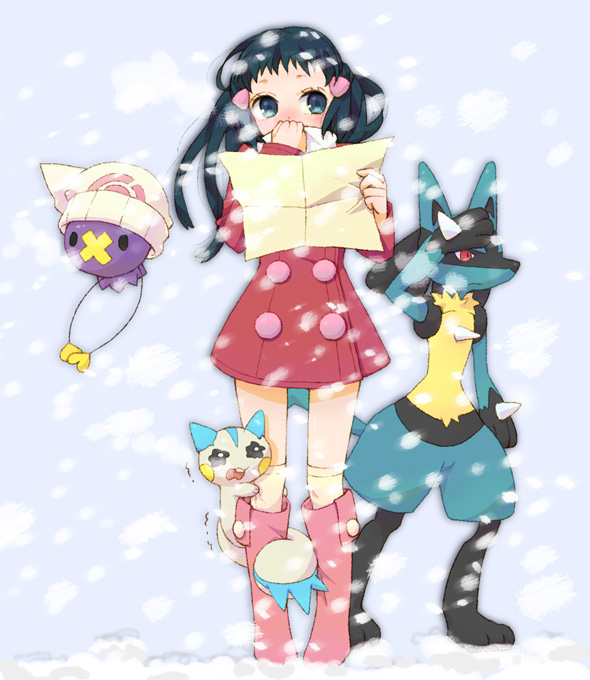 dawn, lucario, pachirisu, and drifloon (pokemon and 1 more) drawn by rikuo_(ikuran)