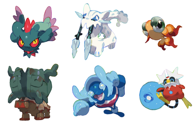 flutter mane, chien-pao, chi-yu, iron bundle, palafin, and 1 more (pokemon) drawn by e_volution