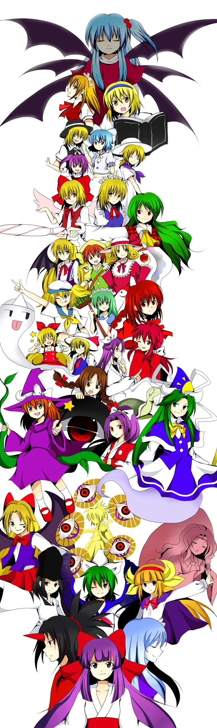 hakurei reimu, kirisame marisa, alice margatroid, kazami yuuka, shinki, and 30 more (touhou and 5 more) drawn by stardust8090