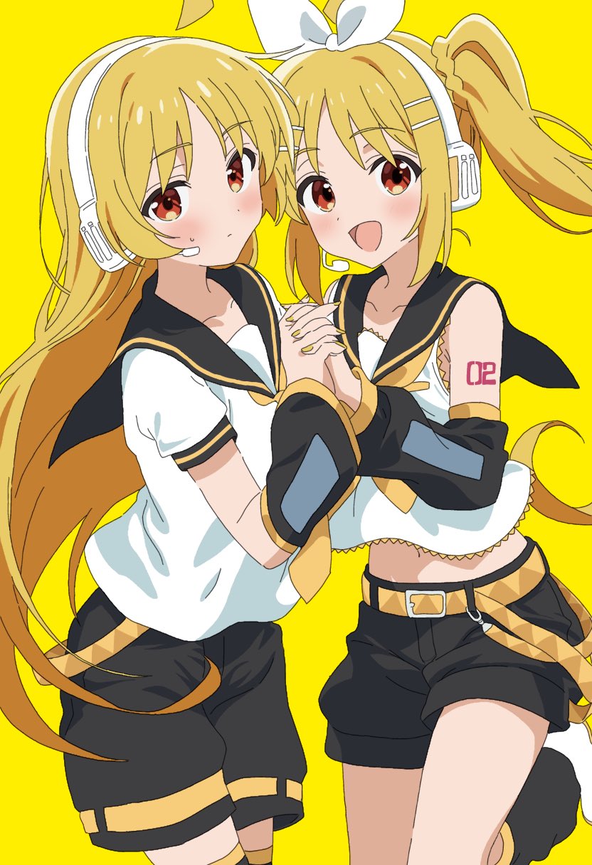 kagamine rin, kagamine len, ijichi nijika, and ijichi seika (vocaloid and 1 more) drawn by nekokawa_isugi