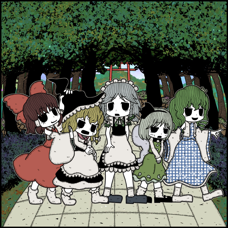 hakurei reimu, kirisame marisa, izayoi sakuya, kochiya sanae, and konpaku youmu (touhou and 2 more) drawn by genkidaun
