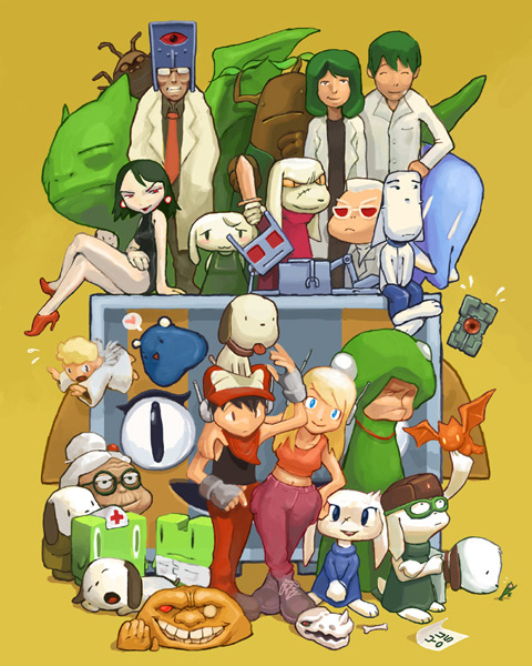 curly brace, quote, misery, sakamoto sue, balrog, and 15 more (doukutsu monogatari) drawn by derek_yu