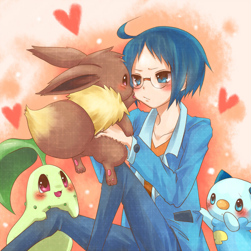 eevee, oshawott, chikorita, and cheren (pokemon and 1 more) drawn by kuronekotarou