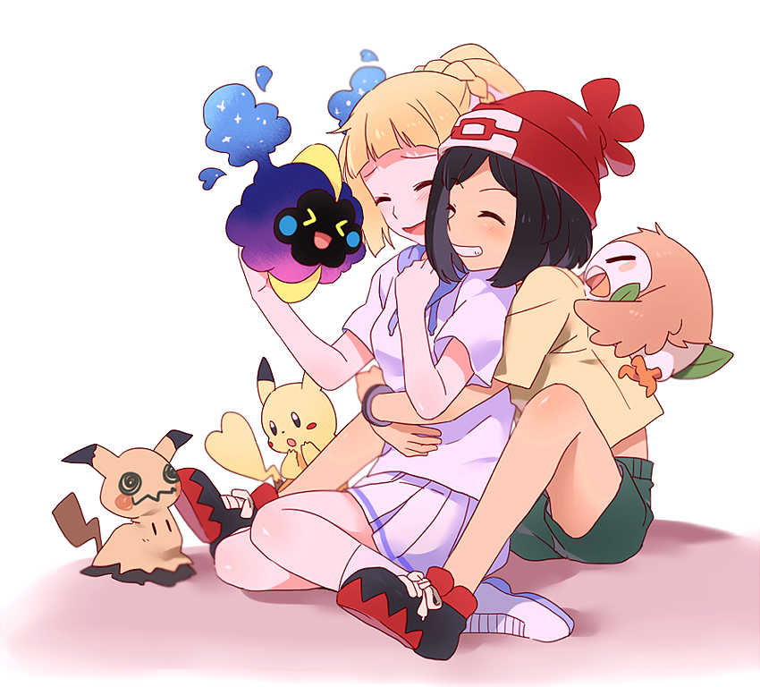 pikachu, lillie, selene, rowlet, mimikyu, and 1 more (pokemon and 1 more) drawn by re_ghotion