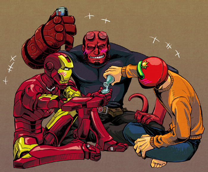 tony stark, iron man, hellboy, and sunred (marvel and 2 more) drawn by mentos_(snatch)