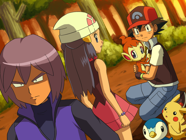 pikachu, dawn, ash ketchum, piplup, chimchar, and 1 more (pokemon and 1 more) drawn by pokemoa