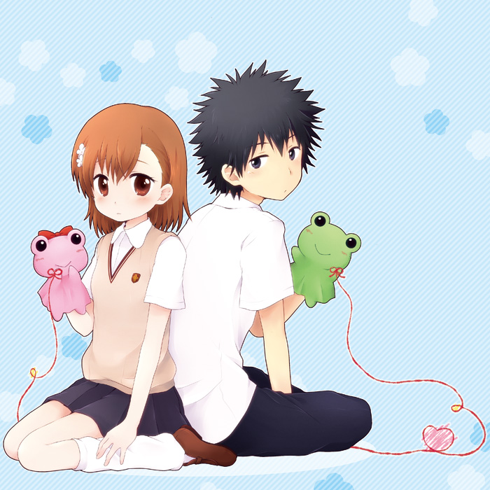 misaka mikoto, kamijou touma, gekota, and pyonko (toaru majutsu no index and 1 more) drawn by nae_(rno)