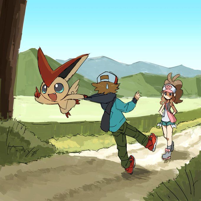 hilda, hilbert, and victini (pokemon and 1 more) drawn by nyagiratwist