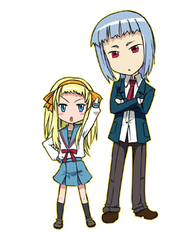 suzumiya haruhi, kyon, miyu greer, and alyssa searrs (suzumiya haruhi no yuuutsu and 1 more) drawn by urokozuki